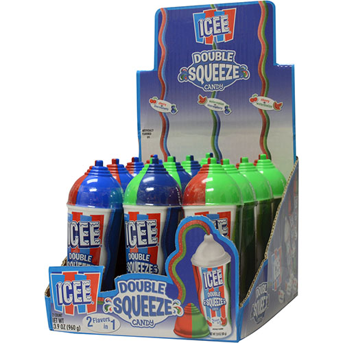 Excite your taste buds with ICEE® Double Squeeze Candy. Two delicious gel candy flavors in one squeeze bottle. The assortment includes Cherry/Blue Raspberry, Cherry/Watermelon & Blue Raspberry/Watermelon.
