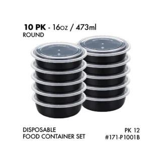 Disposable Food Container Round 16oz 10Pk - Black 171-P1001B  PK12