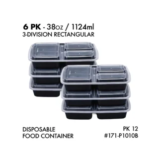 Disposable Food Container 3-Division Rectangular 38oz 6Pk - Black 171-P1010B  PK 12