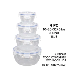 Airtight Round Food Container with Lock Lids 4Pc Set (10+20+32+54oz) - Blue 31276-RD4P  PK12