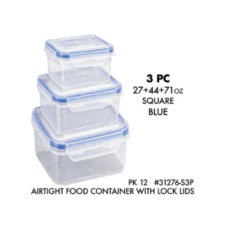 Airtight Square Food Container with Lock Lids 3Pc Set (27+44+71oz) - Blue 31276-S3P  PK12
