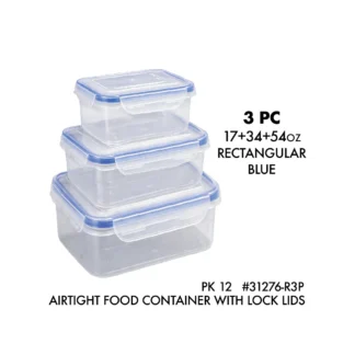Airtight Rectangular Food Container with Lock Lids 3Pc Set (17+34+54oz) - Blue 31276-R3P  PK12